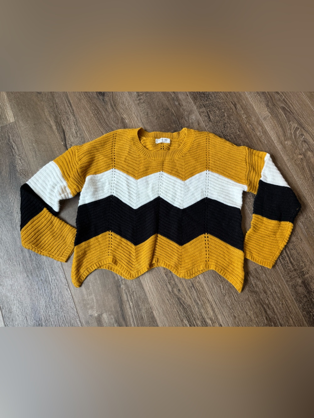 Chevron-Striped Crewneck Sweater - Mustard, Black & White